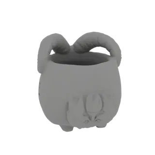 3D model of a gray cauldron pot with ram's horns and a ram's face sculpted on the front.