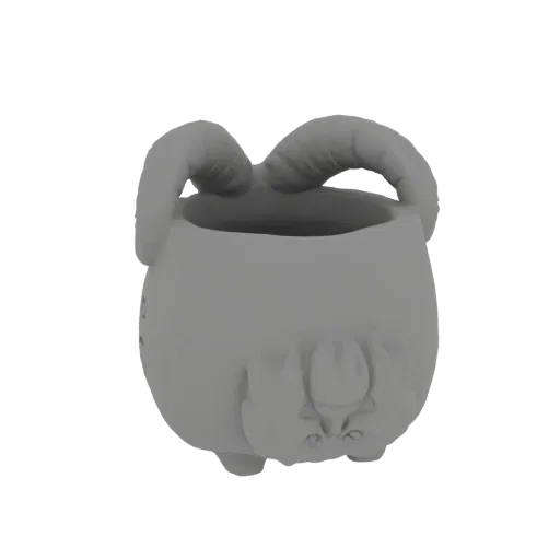 3D model of a gray cauldron pot with ram's horns and a ram's face sculpted on the front.