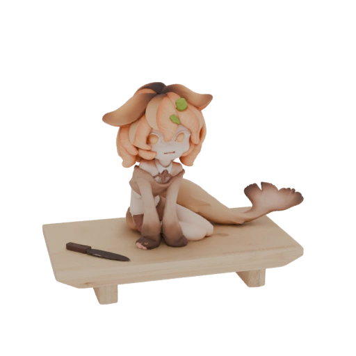 Mushroom Girl Sitting on Board with Knife