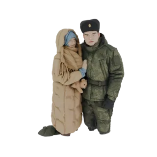 Modelo 3D de pareja con ropa de invierno, un hombre con uniforme militar y una mujer con abrigo acolchado sosteniendo un osit
