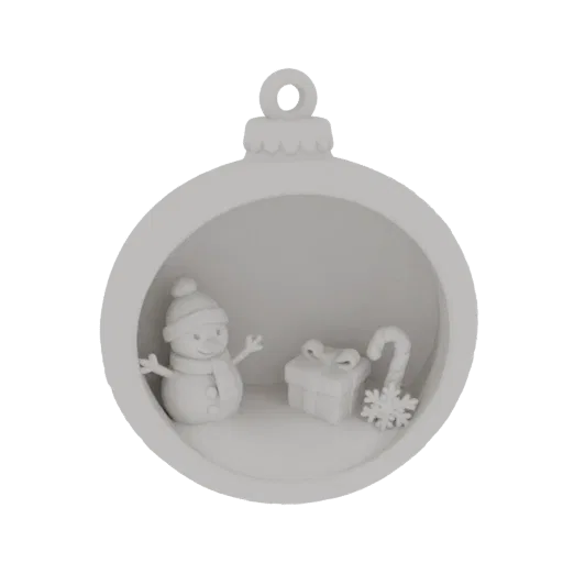 3D model of a white Christmas bauble diorama with a snowman, gift, and candy cane inside, set against a black background.