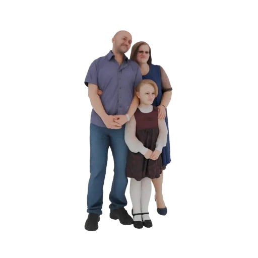3D model of a family portrait showing a father, mother, and daughter standing together.
