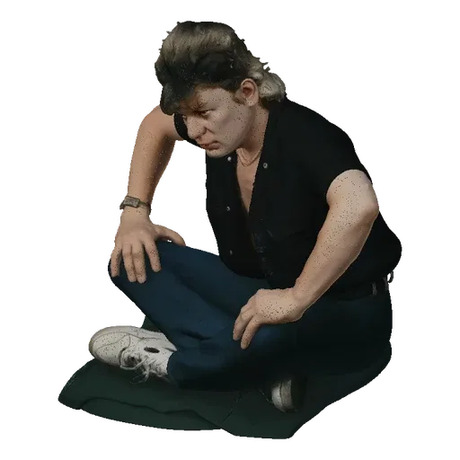 3D model of a man with werewolf features sitting cross-legged, wearing a black shirt and blue pants.