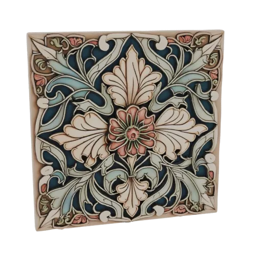 3D model of an Art Nouveau floral tile with intricate scrolling leaves and a central pink flower against a dark blue backgrou