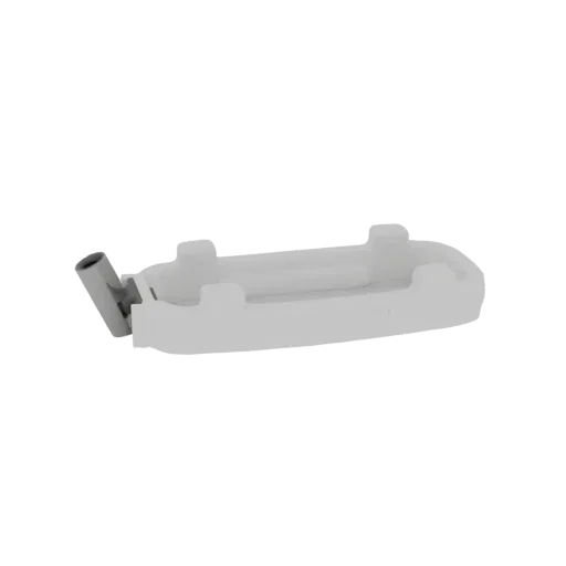 3D model of a white plastic water filter housing with a grey connector, shown against a black background.