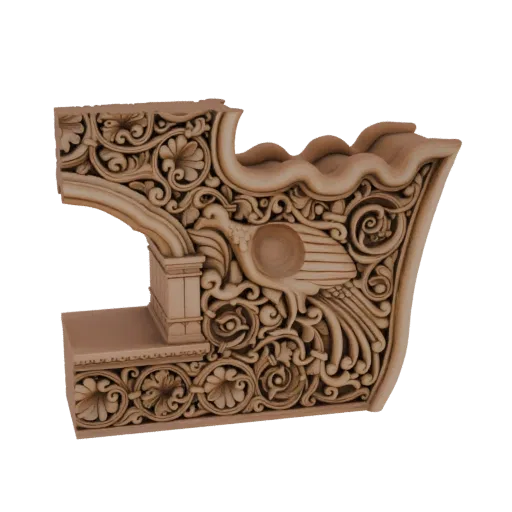 3D model of an ornate architectural bracket with a central bird motif surrounded by detailed floral carvings.