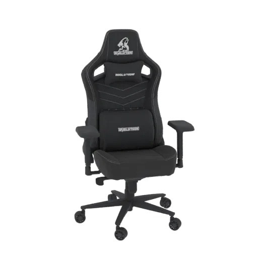 3D model of a black ergonomic gaming chair with white stitching and lumbar support pillows, set against a black background.
