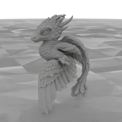 3D model of a baby dragon with large feathered wings, a detailed crest, and large expressive eyes, set against a neutral back