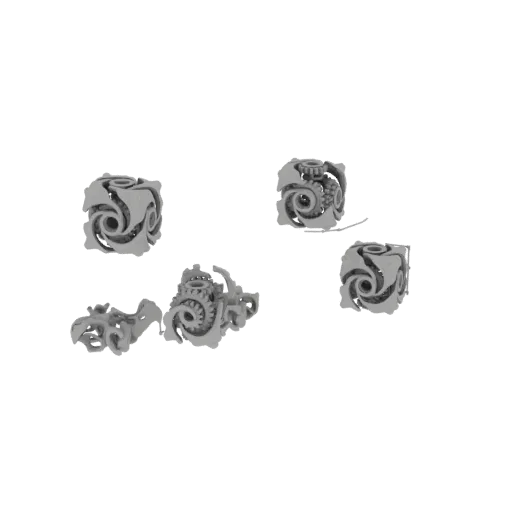 A set of four 3D rendered dice with steampunk tentacle designs, presented on a black background.