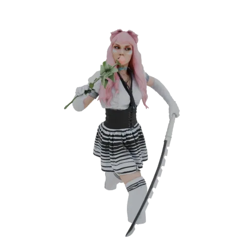 3D model of an anime warrior with pink hair, holding a rose and a sword, wearing a black and white striped outfit.