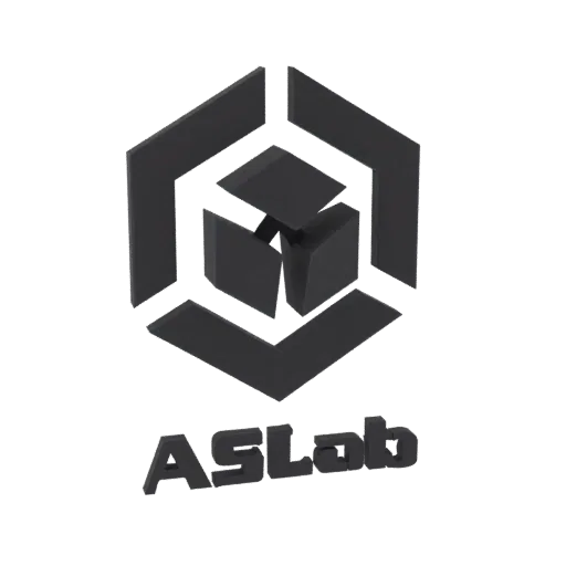 3D model of the ASLab logo, featuring a dark hexagonal frame with an abstract cube in the center.