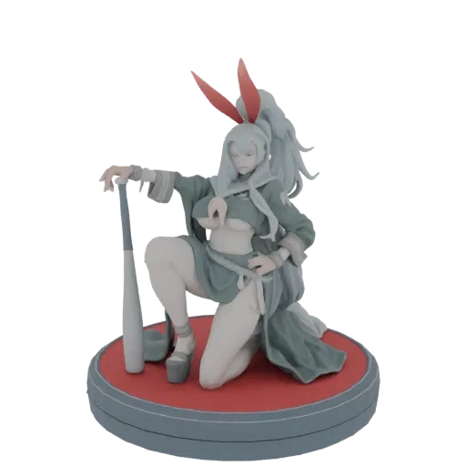 3D model of an anime bunny girl in a dynamic pose, holding a baseball bat, with white hair and red bunny ears.