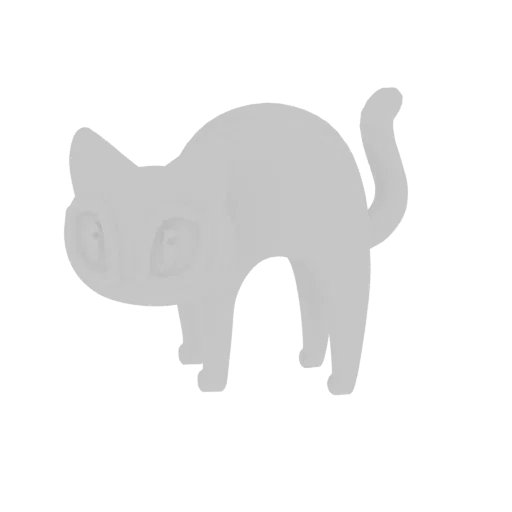 A 3D render of a stylized gray cat with its back arched and tail raised, looking forward with large eyes.