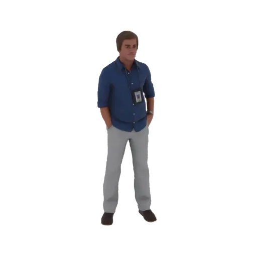 3D model of a man standing with hands in pockets, wearing a blue shirt and gray pants, with a lanyard and badge around his ne