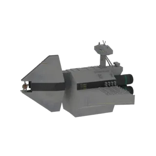 3D render of a grey, angular sci-fi industrial freighter with twin green-banded engines and a detailed superstructure.