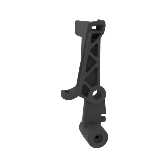 3D render of a gray industrial support bracket with triangular reinforcement, isolated on a black background.