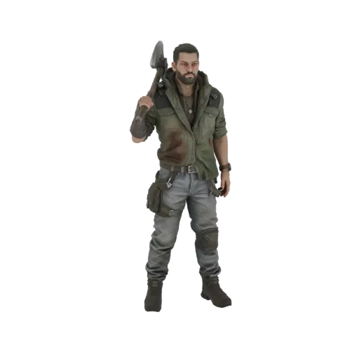 Modèle 3D d'un survivant masculin en vêtements robustes, tenant une hache sur son épaule, avec une expression déterminée.