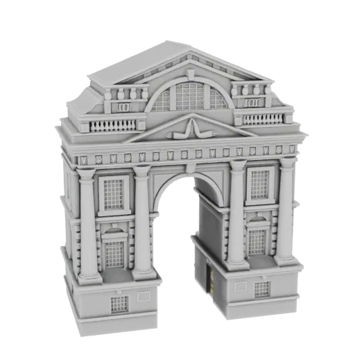 Modello 3D di un arco trionfale classico con arco centrale, colonne ornate e fregi dettagliati, renderizzato con texture neut