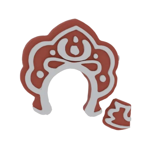 3D model of a festive gingerbread archway with white icing details and a small detached fragment, isolated on a white backgro