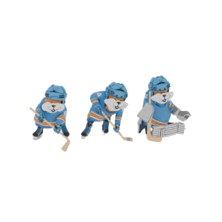 Ein 3D-Rendering von drei stilisierten Biberspieler-Charakteren in blau-orangen Hockeyuniformen, jeder in einer anderen Actio