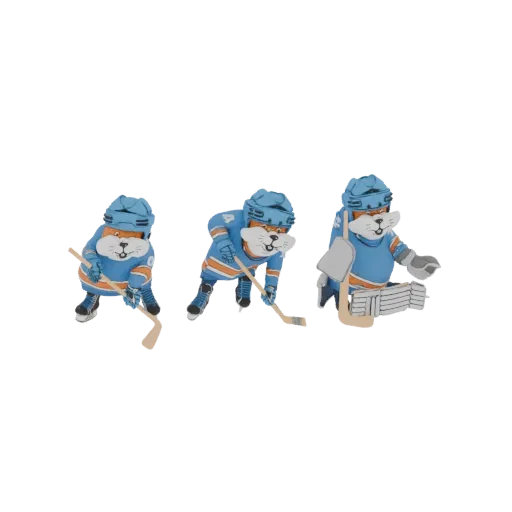 A 3D render of three stylized beaver characters dressed in blue and orange hockey uniforms, each in a different action pose o