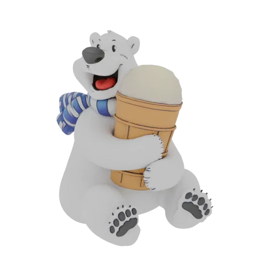 A 3D render of a happy cartoon polar bear wearing a scarf and hugging a large ice cream cone.