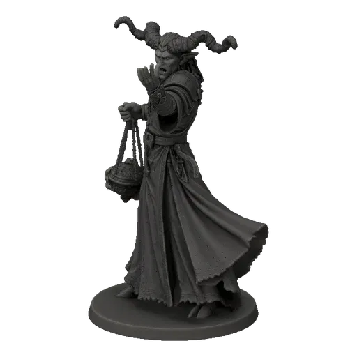 3D model of a demonic cleric with large horns, wearing ornate armor and a robe, holding a smoking censer in one hand and gest