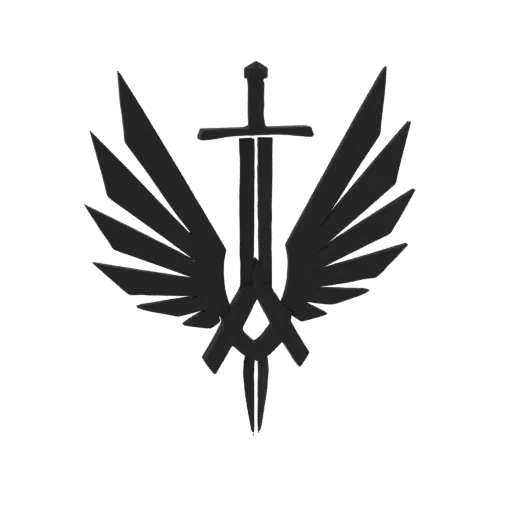 3D render of a black sword with sharp, angular wings spreading outwards, forming a powerful emblem.