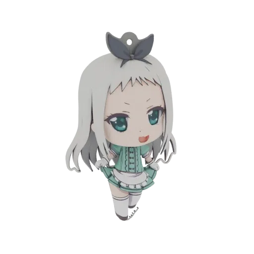 3D Modell eines süßen Chibi Anime Mädchens im Dienstmädchen-Outfit, mit weißen Haaren und großen blauen Augen, die die Zunge