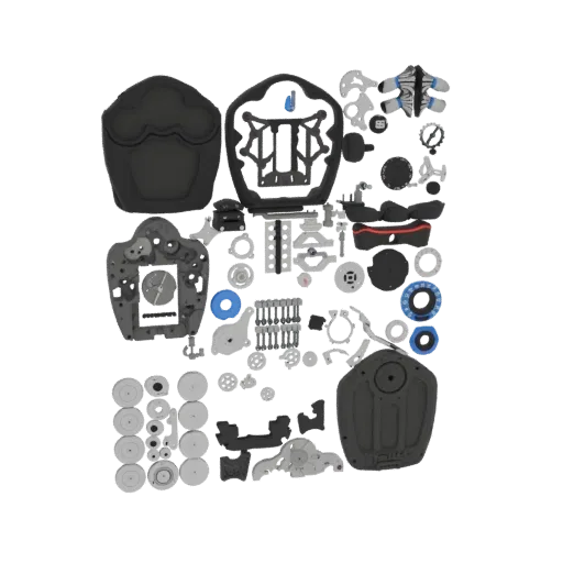 3D model of a collection of mechanical components, gears, screws, and other intricate parts scattered on a black background.