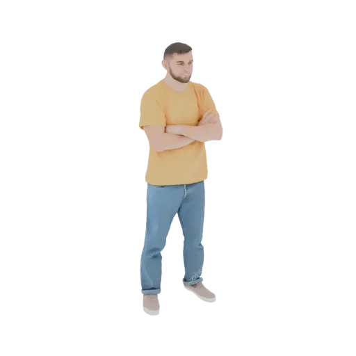 Modèle 3D d'un homme avec une barbe, portant un t-shirt jaune et un jean bleu, debout, bras croisés.
