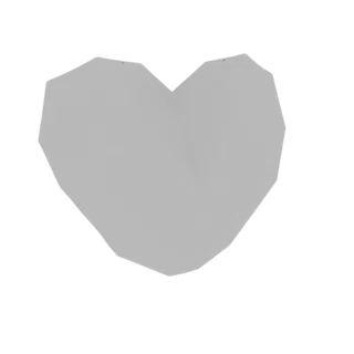 Un rendu 3D d'une forme de cœur géométrique grise, low poly, avec des facettes angulaires nettes sur fond blanc.