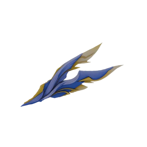 A 3D render of an ornate dagger with blue and gold feathered wings, presented against a black background.