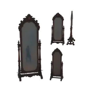 3D model of an ornate dark wood cheval mirror with decorative carvings, shown from multiple angles.