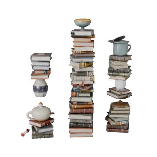 Modello 3D Stack di Libri Ingombrati High Poly, render di studio ravvicinato, che mostra ceramica, forme quotidiane riconosci