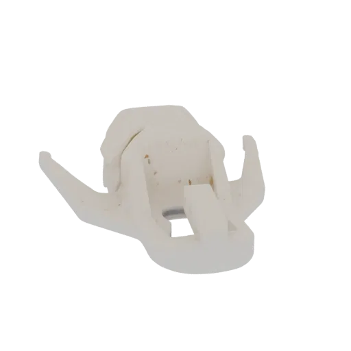 A 3D render of an abstract geometric mechanical component with interlocking parts and sharp angles, presented in a matte whit