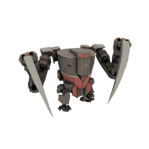 3D model of a Soviet-inspired mech with large scythe arms, featuring a grey and red color scheme and a robust, utilitarian de