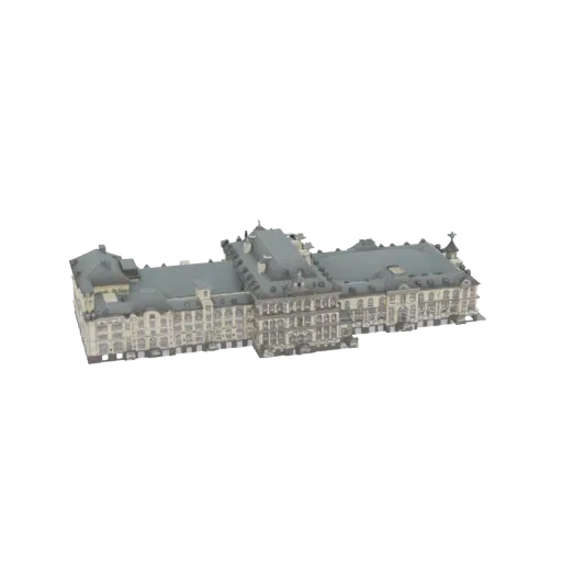 Modelo 3D de una fachada de palacio barroco larga y ornamentada con múltiples alas y un techo de tejas grises, sobre un fondo