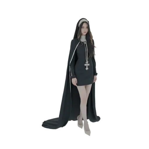 3D model of a gothic nun wearing a black dress, white collar, flowing cape, and a large cross necklace, standing in a poised stance.