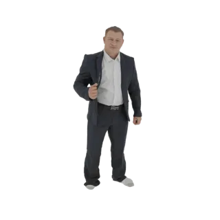 Modello 3D di un uomo in abito scuro e camicia bianca, in piedi e che si aggiusta la giacca.