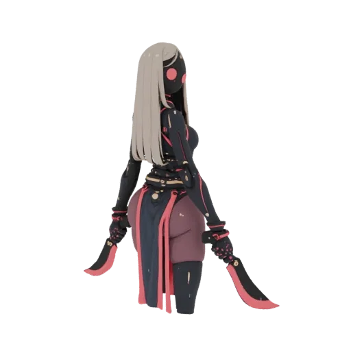 Modelo 3D de una asesina cyberpunk con cabello rubio, ojos rosas, traje oscuro y armas de doble hoja rosa, posada dinámicamen