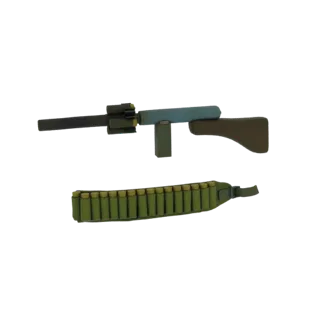 A 3D render of a stylized automatic rifle with a green ammo belt, presented on a white background.