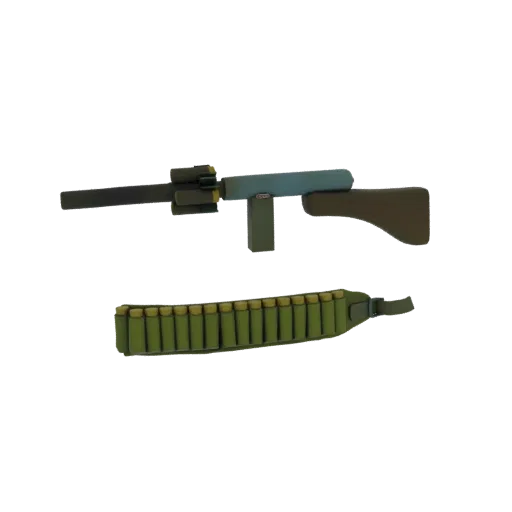 A 3D render of a stylized automatic rifle with a green ammo belt, presented on a white background.