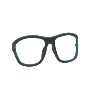 3D model of a modern rectangular eyeglasses frame with dark grey exterior and a bright blue inner rim.
