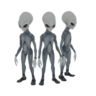 Three grey aliens in sleek, form-fitting suits standing together, rendered in a 3D model.