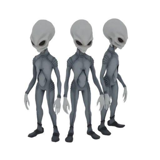 Tres extraterrestres grises con trajes elegantes y ajustados de pie juntos, renderizados en un modelo 3D.