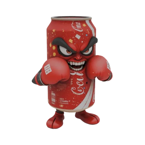 3D model of an anthropomorphic Coca-Cola can character with an angry face and red boxing gloves, in a fighting stance.