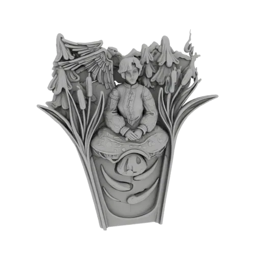 Renderização de modelo 3D de um anel de floresta encantada com uma figura sentada, uma águia e árvores e juncos estilizados.