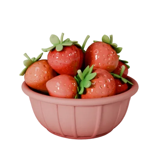 Ripe Strawberry Basket 3D model, three-quarter front view, Unity viewport, showing skin pores, recognizable fruit forms.
