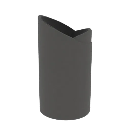 A 3D render of a dark gray, modern desk organizer with a sleek, angled opening at the top, designed for office supplies.